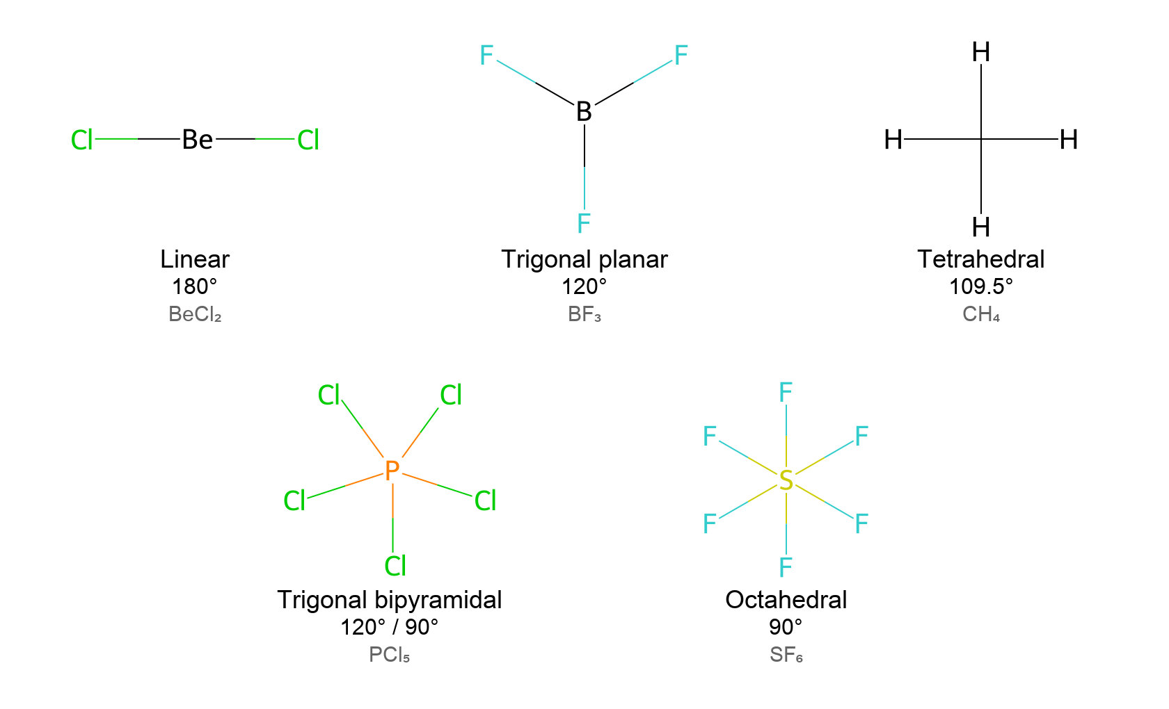 Linear, trigonal planar, tetrahedral, trigonal bipyramidal, and octahedral VSEPR geometries with example molecules and bond angles