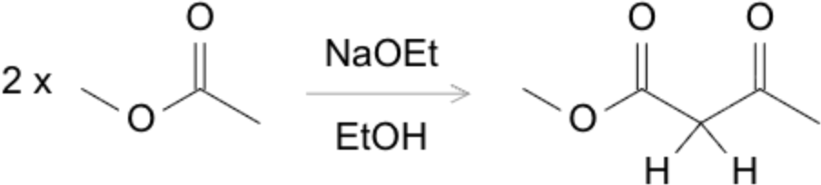 Claisen condensation scheme: an ester enolate (generated with base, e.g., NaOEt) attacking a second ester (or ketone) to form a tetrahedral intermediate and, after elimination of an alkoxide, yielding a β-keto ester or β-diketone.