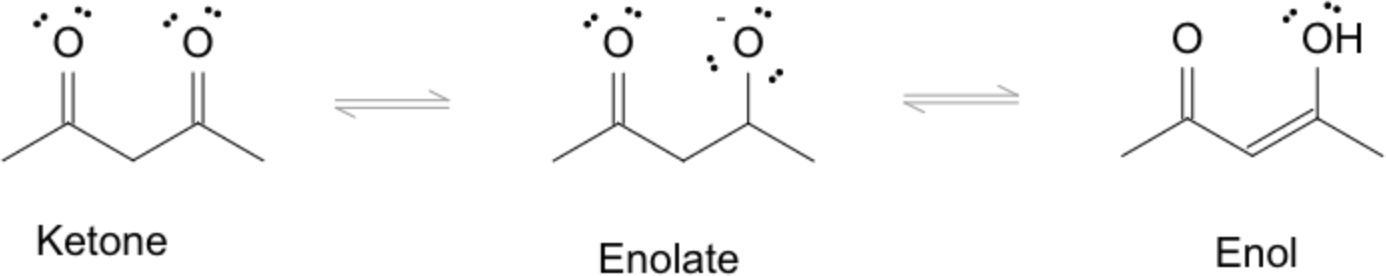 Keto–enol–enolate equilibrium with arrows showing interconversion among ketone, enol, and enolate