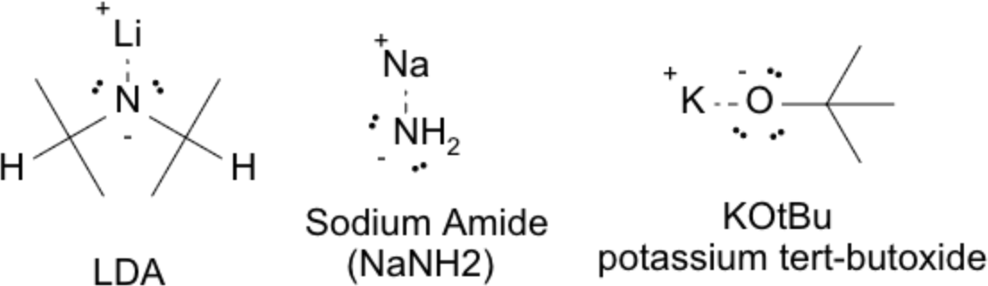 Skeletal structures of common strong bases: LDA (lithium diisopropylamide), NaNH₂ (sodium amide), and KOtBu (potassium tert-butoxide), labeled for reference.