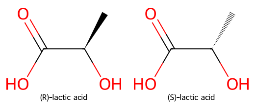 Lactic acid enantiomers: R and S mirror images