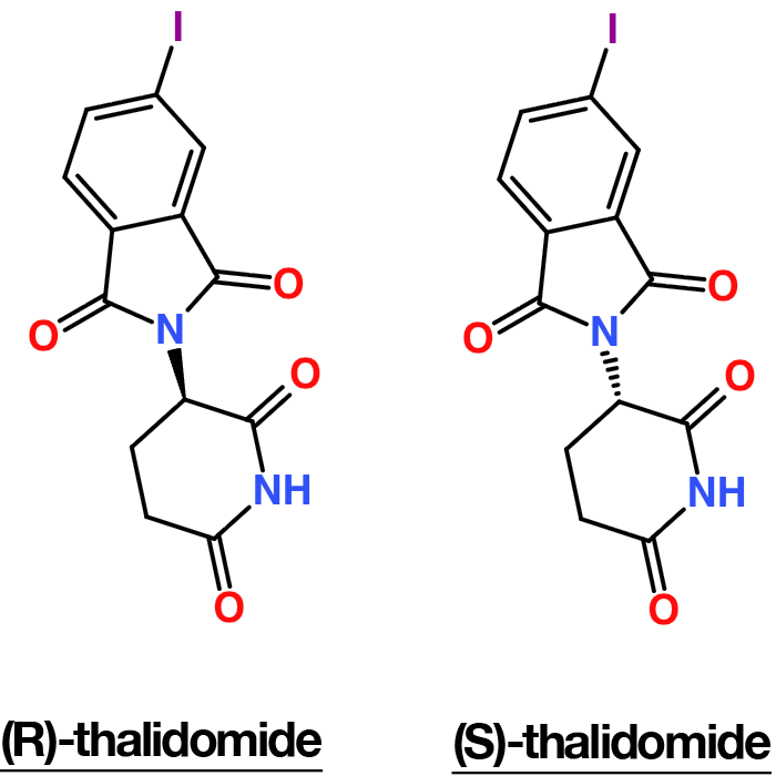 Thalidomide structure highlighting enantiomeric activity differences