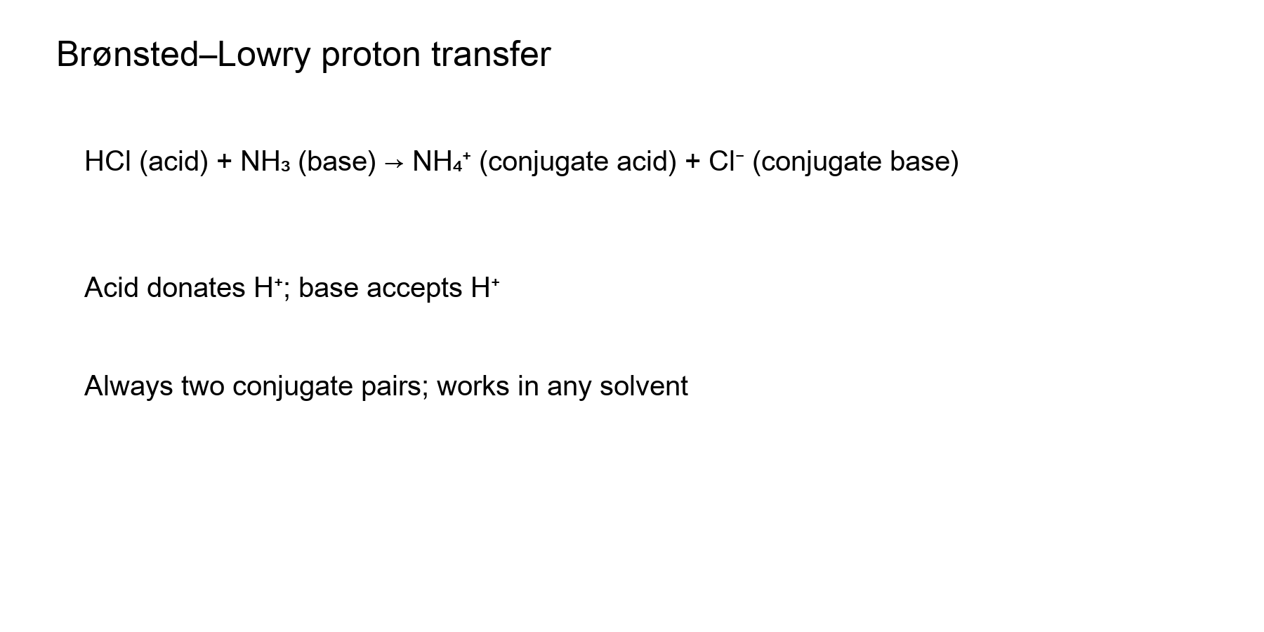 Brønsted–Lowry proton transfer between HCl and NH₃ forming NH₄⁺ and Cl⁻