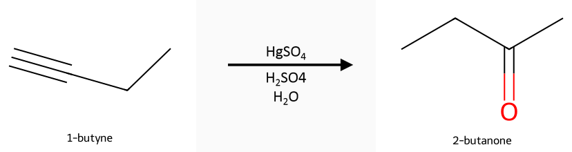 1-butyne plus HgSO₄/H₂SO₄/H₂O giving 2-butanone