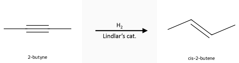 2-butyne hydrogenated with H₂ (Lindlar or Na/NH₃) to give cis-2-butene