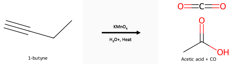 1-butyne oxidative cleavage with KMnO₄ or O₃/H₂O₂ to acetic acid and CO₂